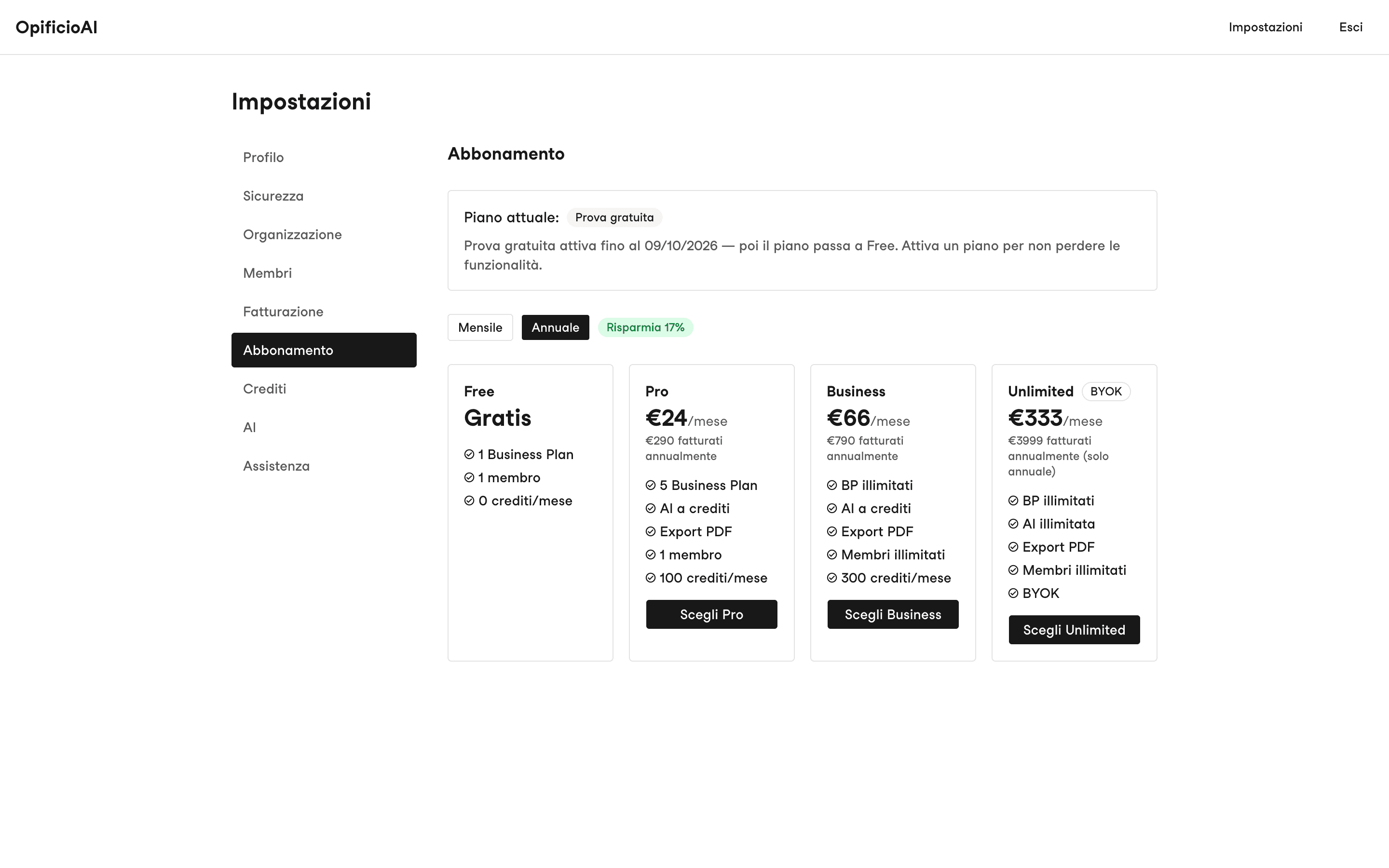 Sezione Abbonamento con il riquadro del piano attuale e le schede dei piani Free, Pro, Business e Unlimited