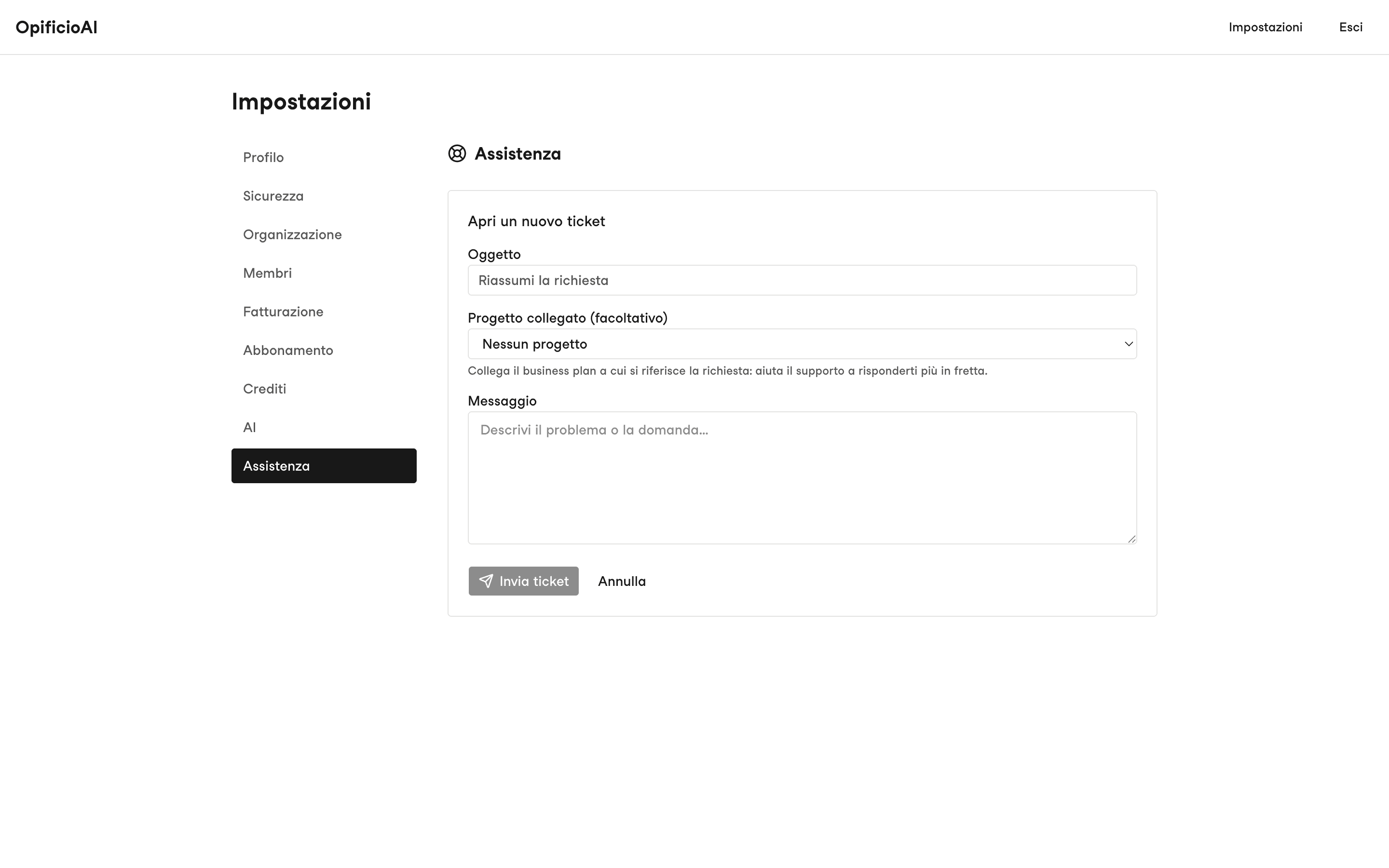 Modulo Apri un nuovo ticket con i campi Oggetto, Progetto collegato e Messaggio