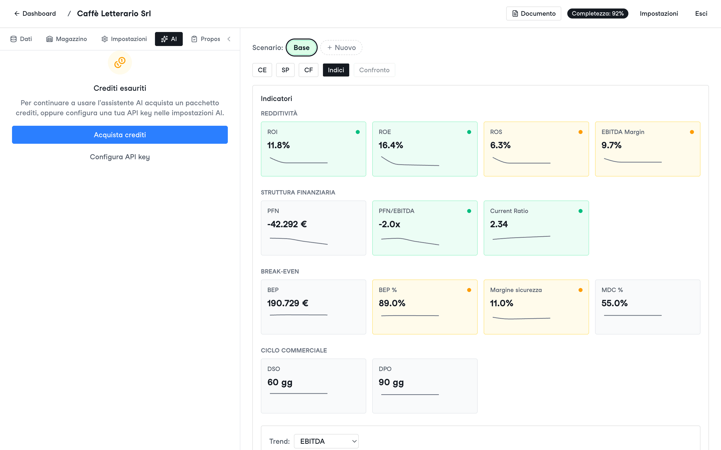 Scheda AI nello stato Crediti esauriti, con i pulsanti Acquista crediti e Configura API key