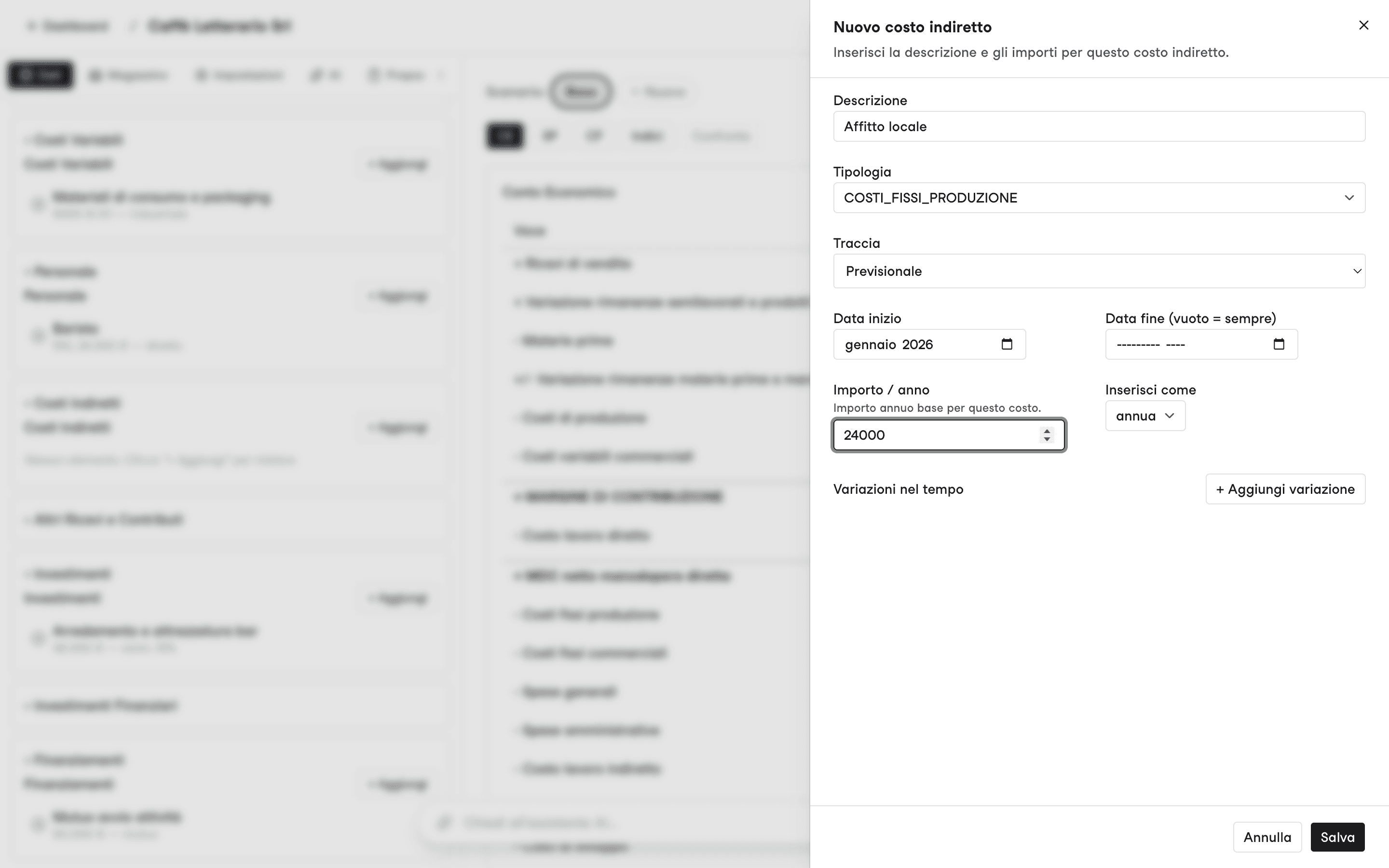 Form Nuovo costo indiretto con il menu Tipologia e il selettore di cadenza Inserisci come