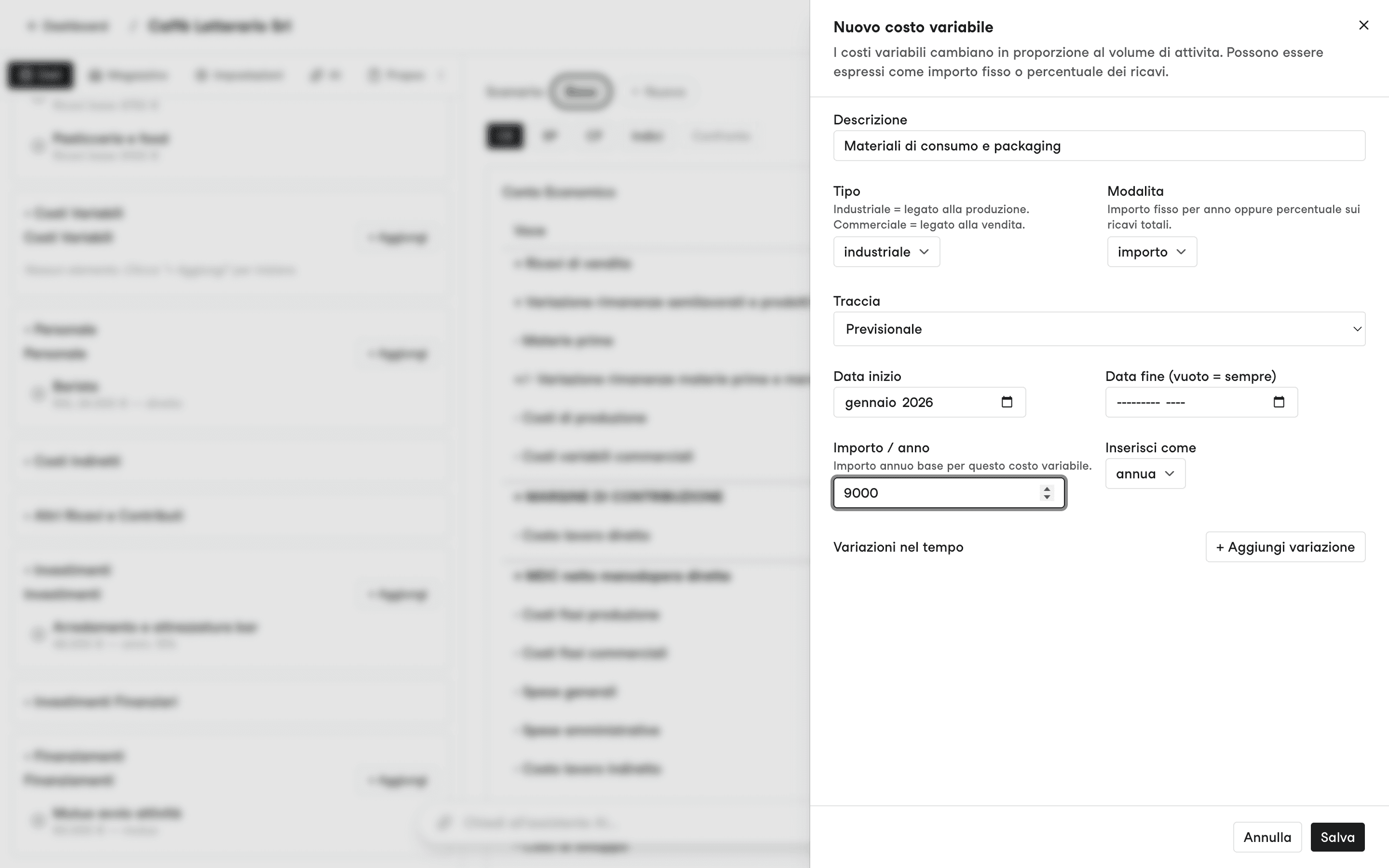 Form Nuovo costo variabile con i selettori Tipo, Modalita e Inserisci come