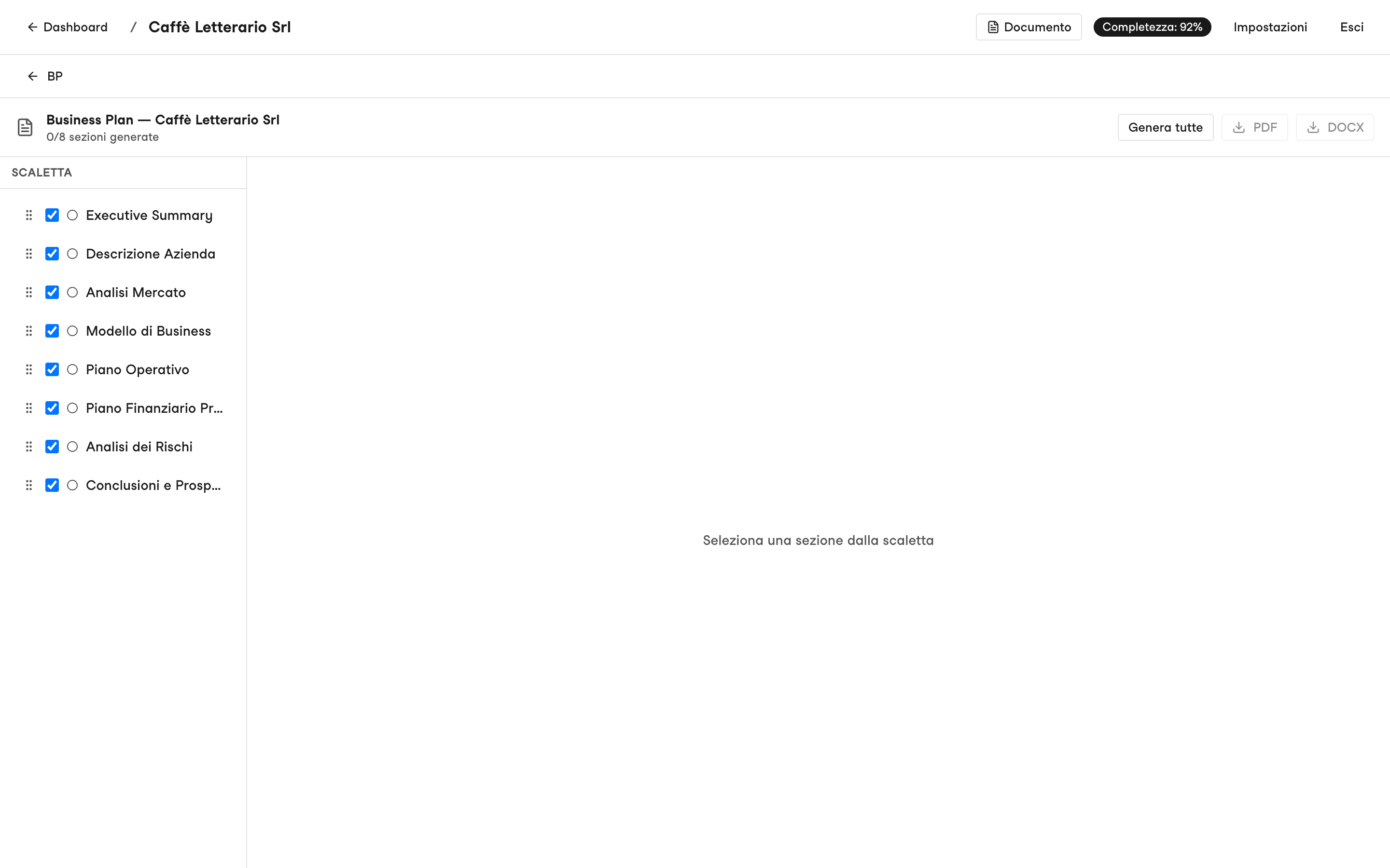 Area di export con la scaletta delle sezioni a sinistra, l'anteprima di una sezione generata e i pulsanti PDF e DOCX