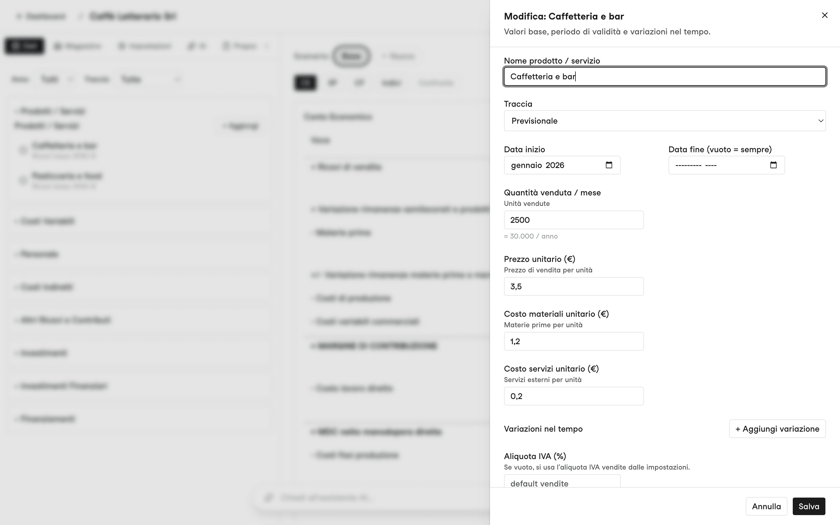 Scheda Dati della sidebar con la sezione Prodotti / Servizi aperta e il form di modifica di una voce