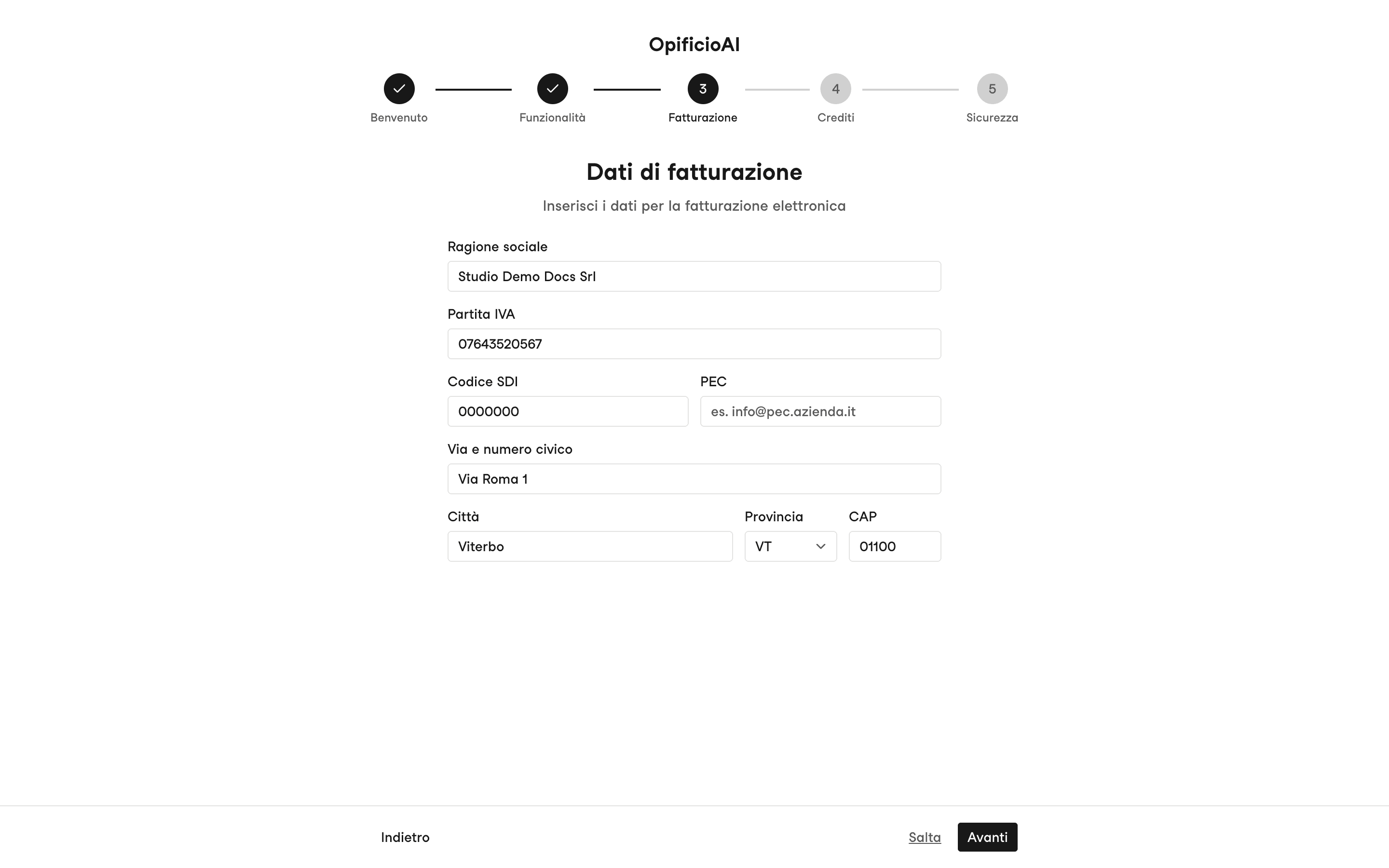 Passaggio Fatturazione del wizard di onboarding con i campi dei dati di fatturazione elettronica